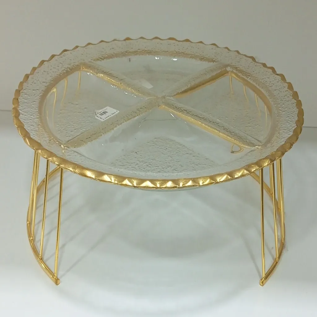 4-Section Textured Round Glass Serving Platter with Gold Stand