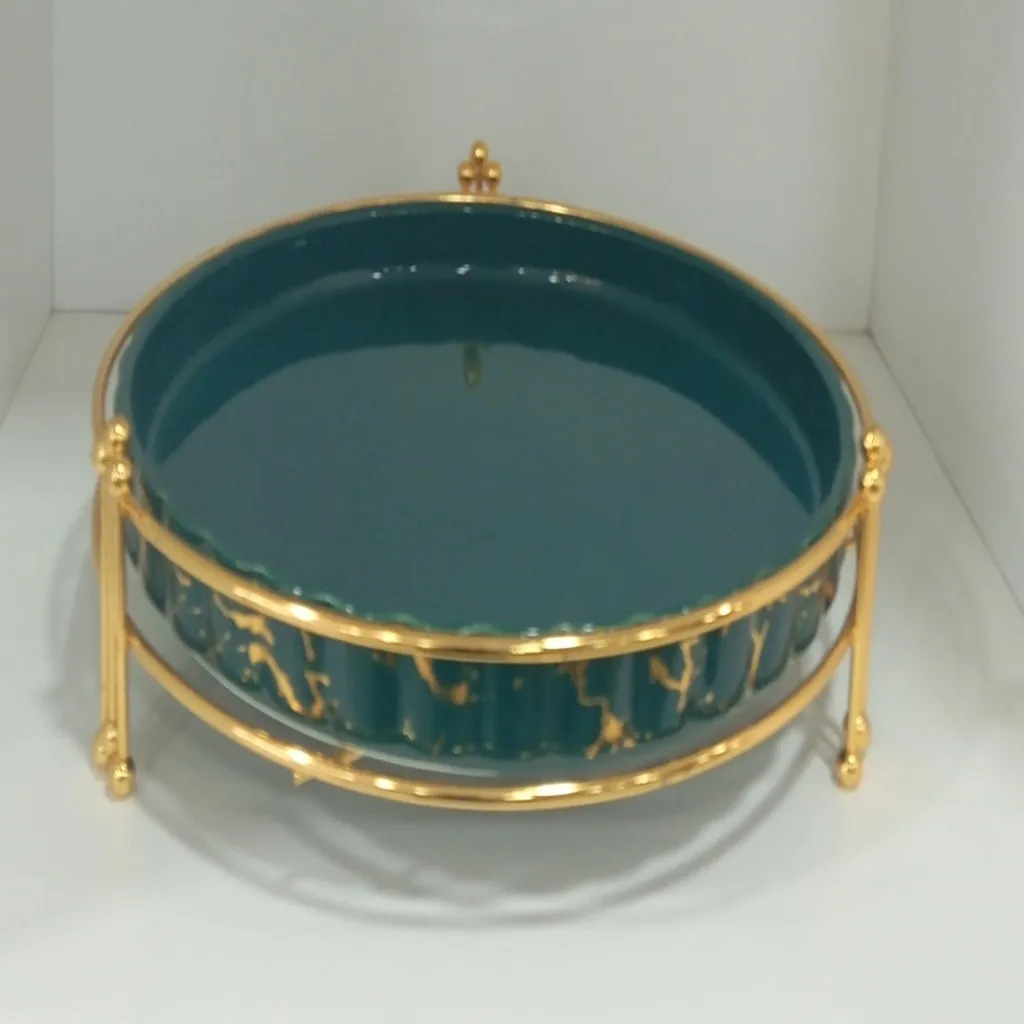 Ceramic Round Platter Bowl with Gold Stand
