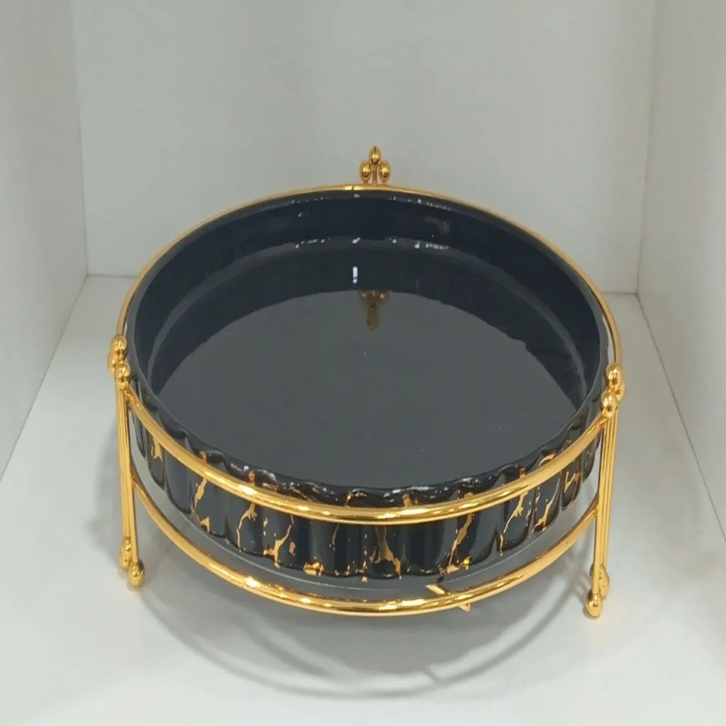 Ceramic Round Platter Bowl with Gold Stand (image 2 of 2)