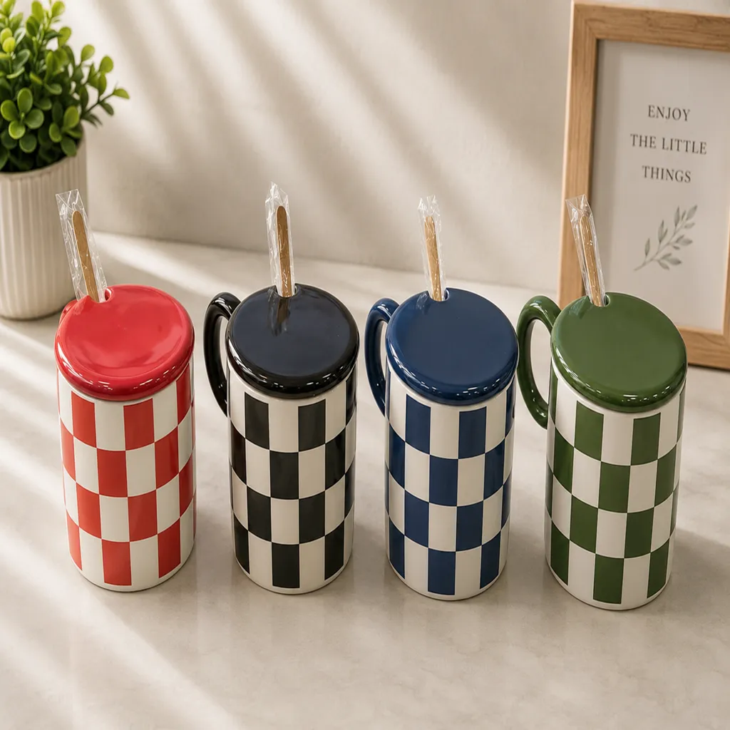 Checkerboard Ceramic Mug with Lid & Spoon