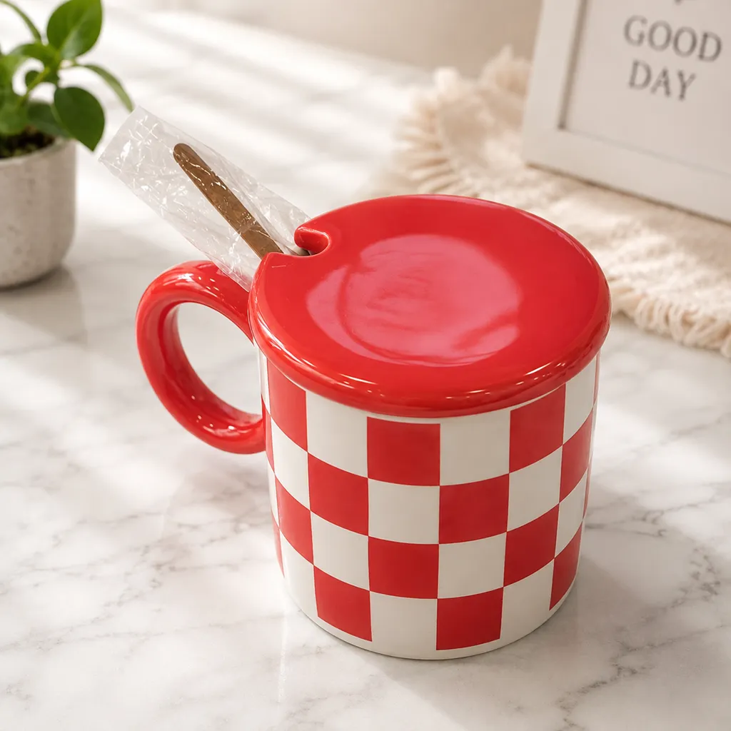 Checkerboard Ceramic Mug with Lid & Spoon (image 2 of 5)