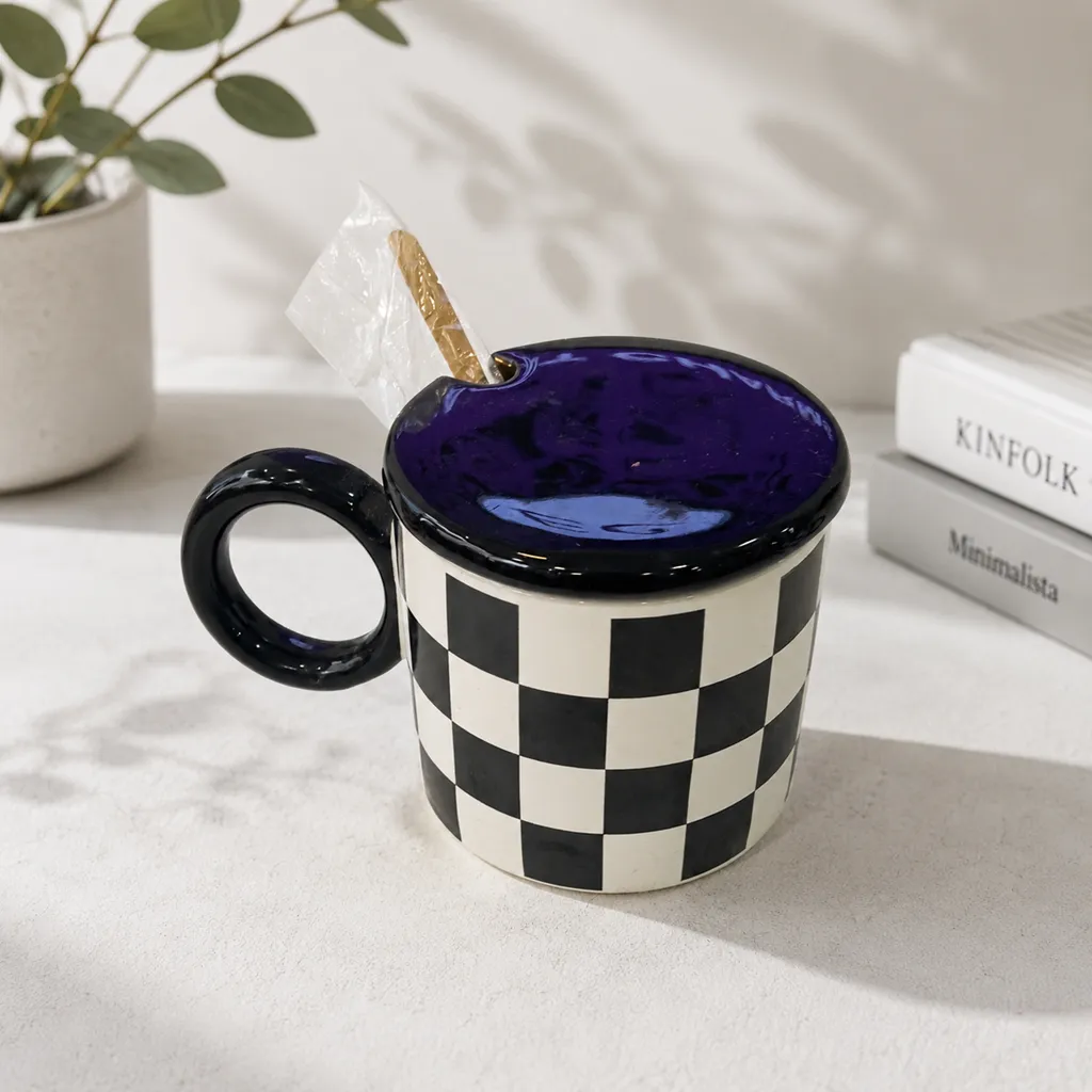Checkerboard Ceramic Mug with Lid & Spoon (image 3 of 5)