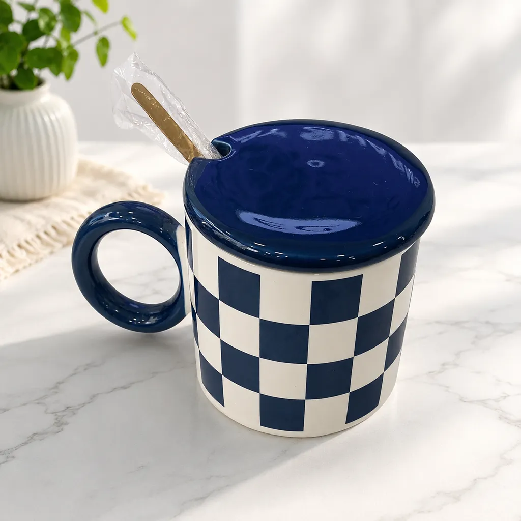 Checkerboard Ceramic Mug with Lid & Spoon (image 4 of 5)
