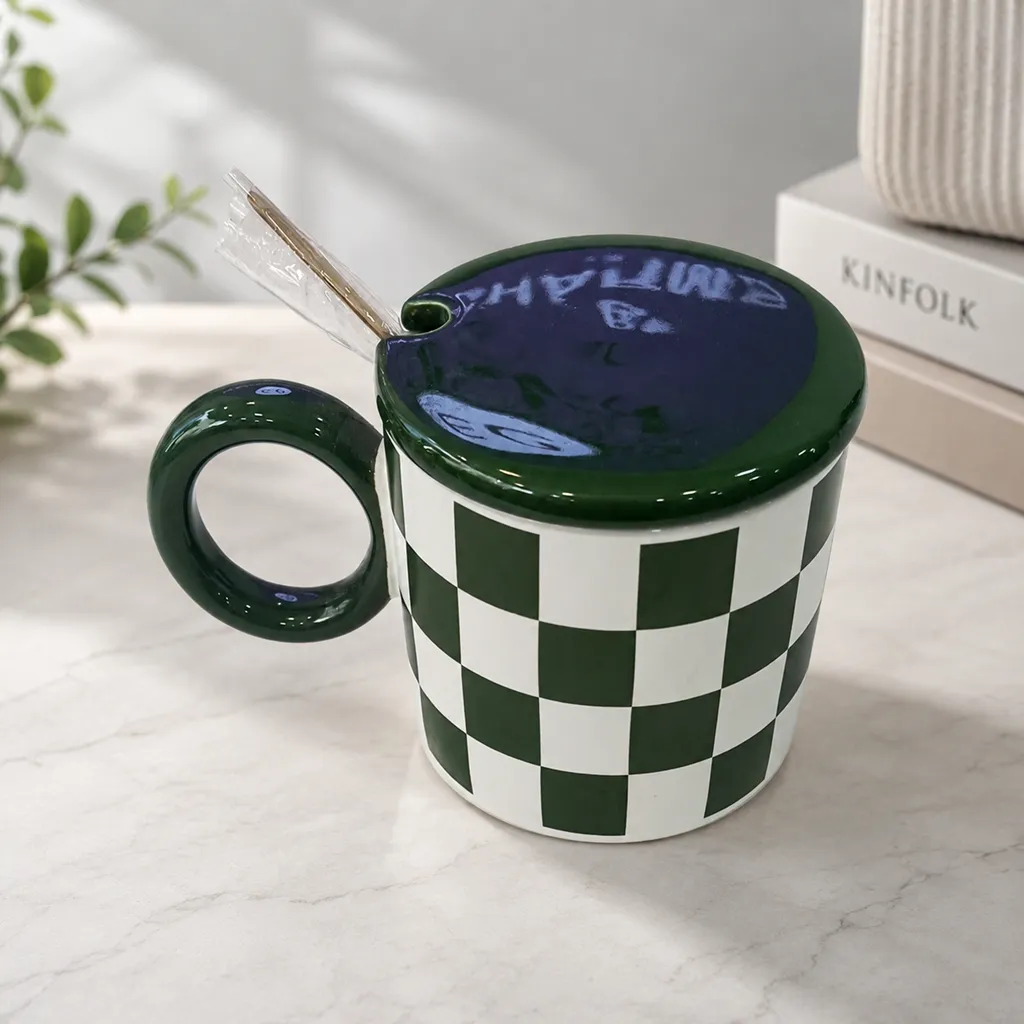 Checkerboard Ceramic Mug with Lid & Spoon (image 5 of 5)