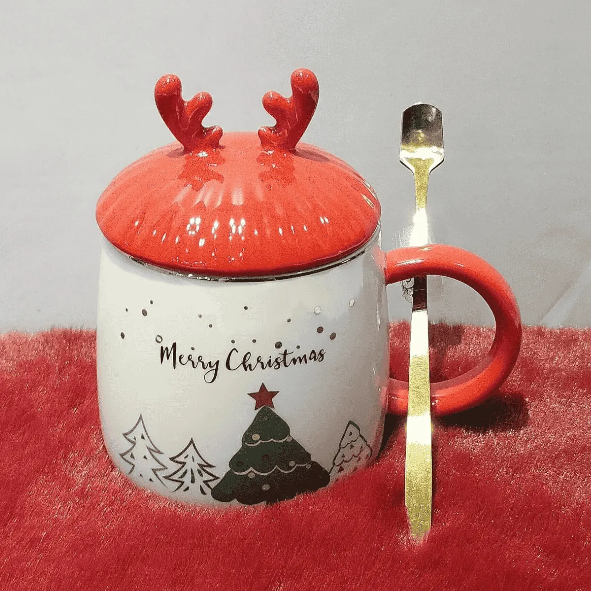 Christmas Ceramic Mug with Antler Lid & Spoon