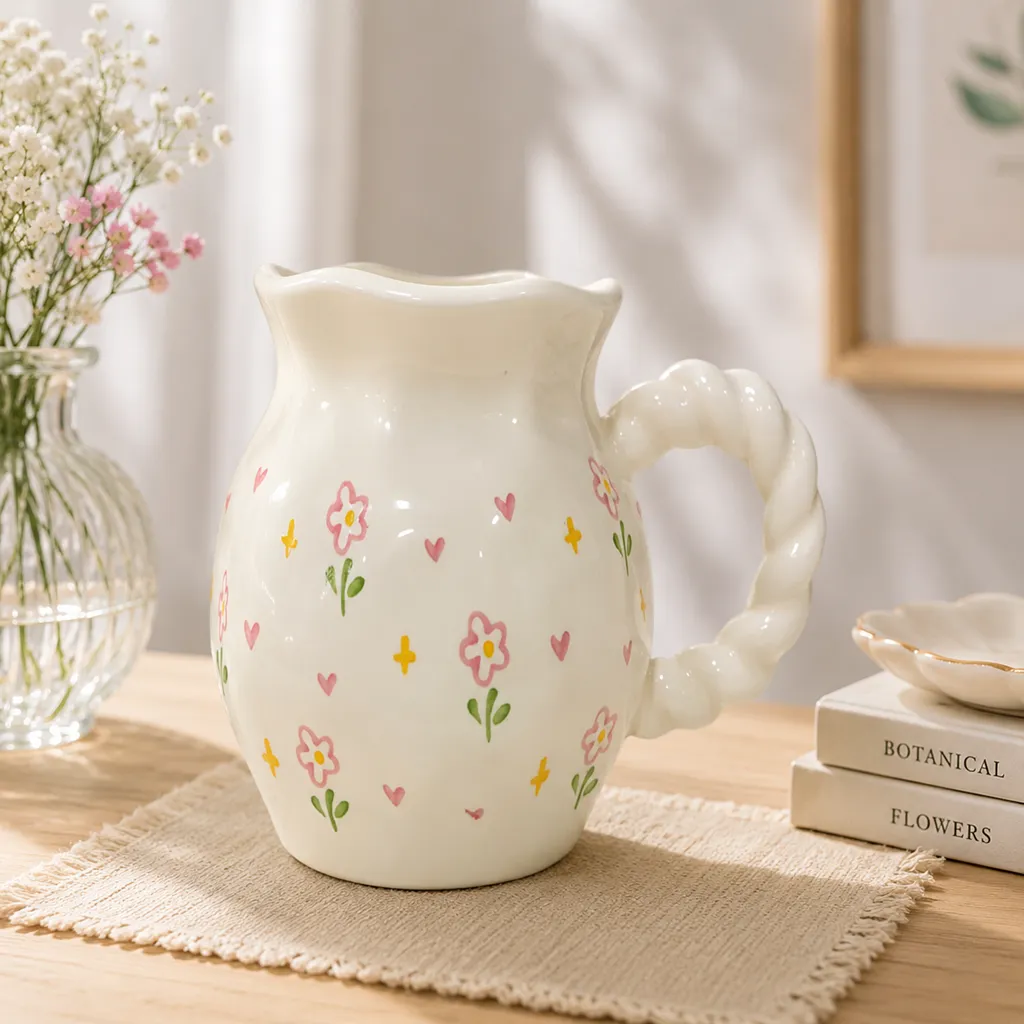 Cute Floral Ceramic Mug with Sculpted Handle