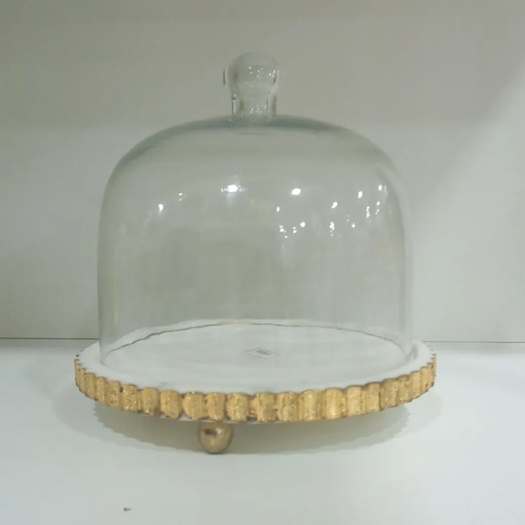 Elegant Covered Dessert Tray with Glass Dome and Gold Ornate Rim