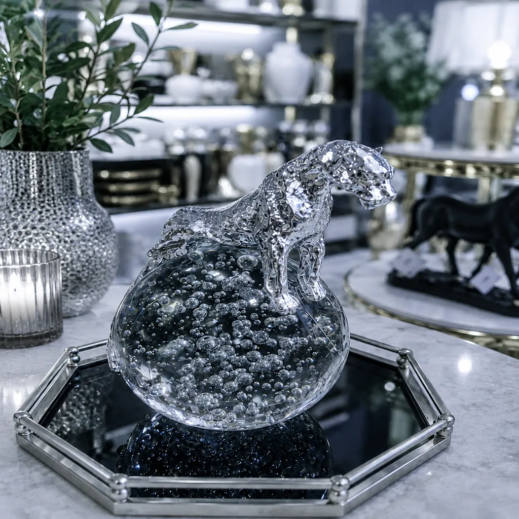 Elegant Silver Panther & Crystal Ball Decorative Sculpture