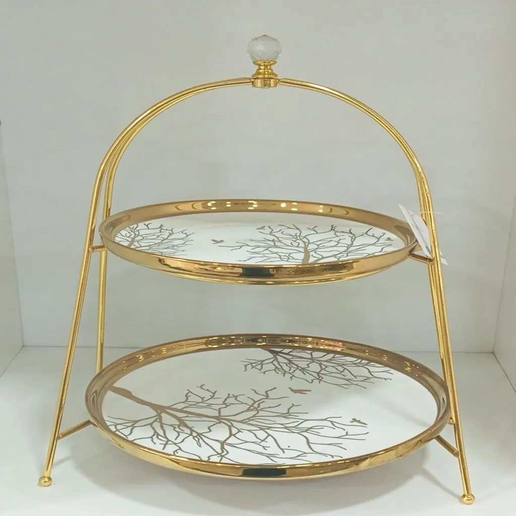 Elegant Two-Tier Ceramic Serving Stand with Gold Frame