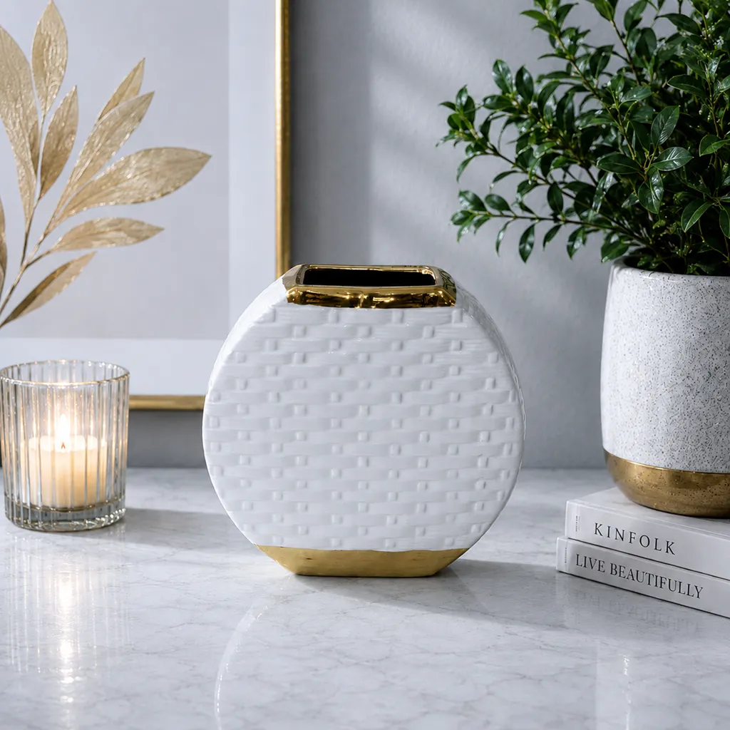 Elegant White And Gold Textured Decorative Vase