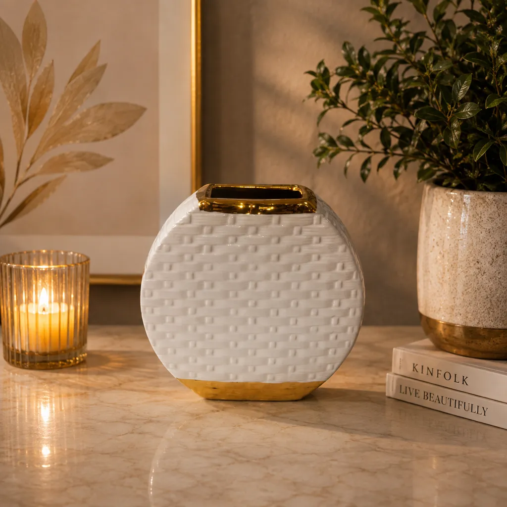 Elegant White And Gold Textured Decorative Vase (image 2 of 2)