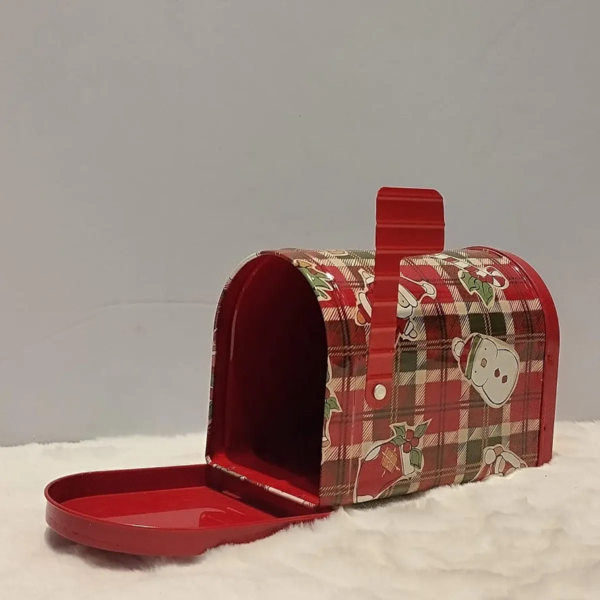 Festive Red Plaid Metal Gift Box with Snowman & Holiday Design