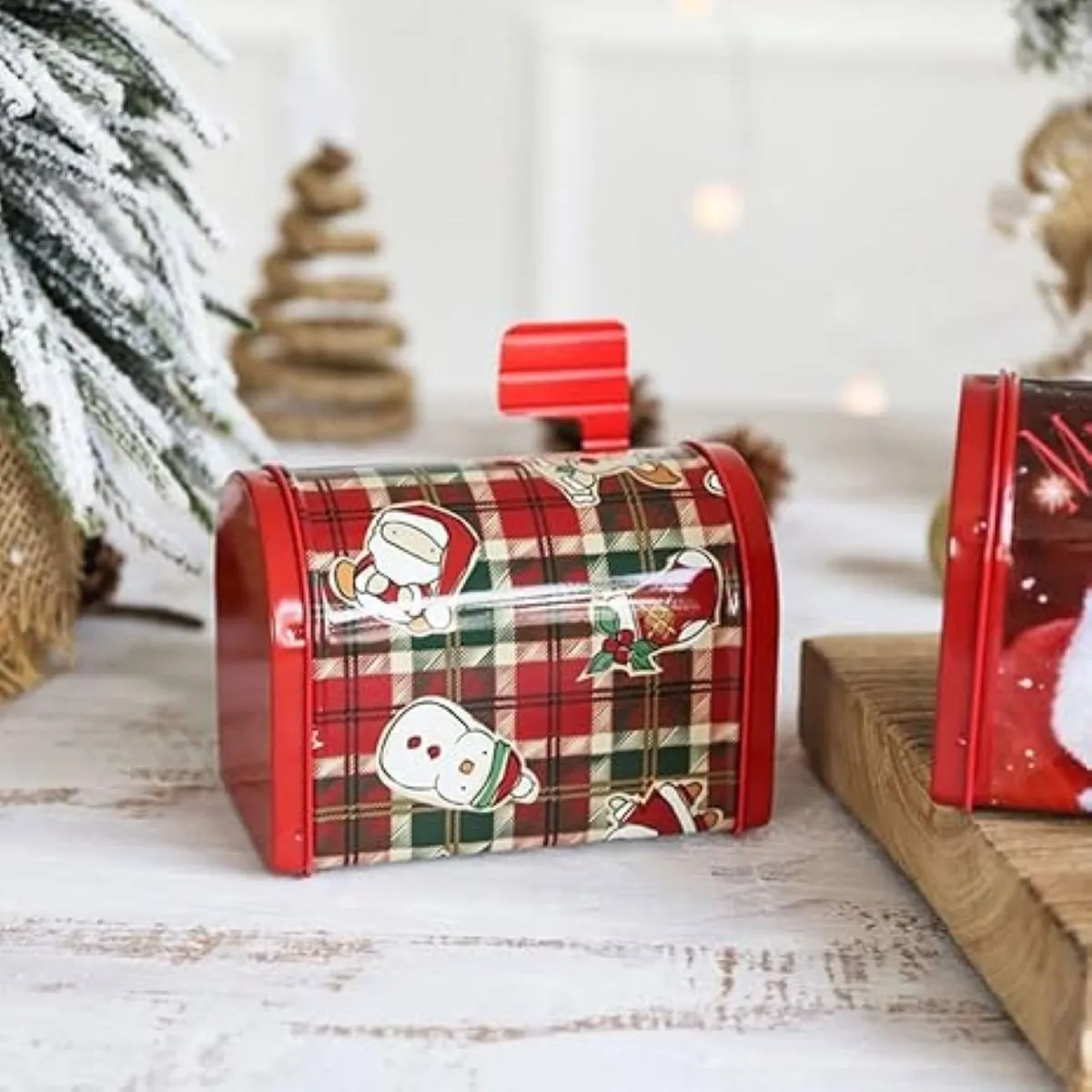 Festive Red Plaid Metal Gift Box with Snowman & Holiday Design (image 2 of 2)