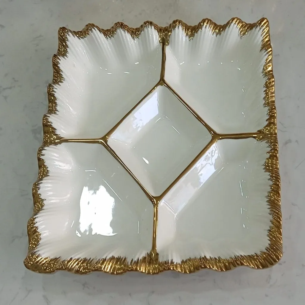 Five-Compartment White Ceramic Serving Platter with Gold Accents