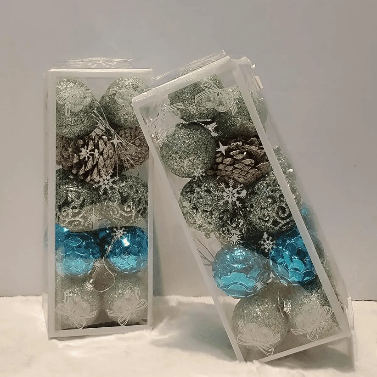 Glittery Aqua and Silver Holiday Tree Ornaments in Box