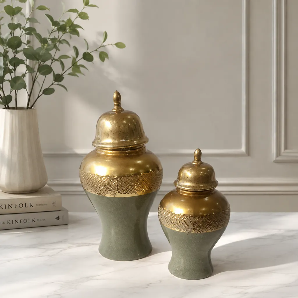 Gold And Olive Decorative Ginger Jars
