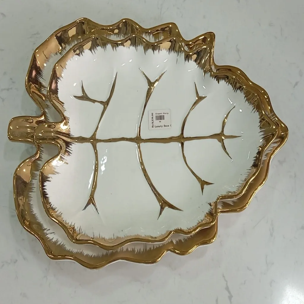 Leaf-Shaped White Ceramic Serving Dish with Gold Vein Detailing