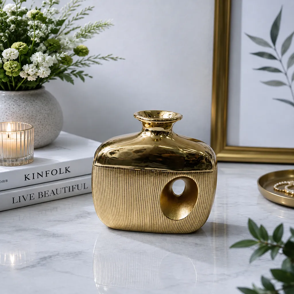 Luxe Gold Ribbed Decorative Vase