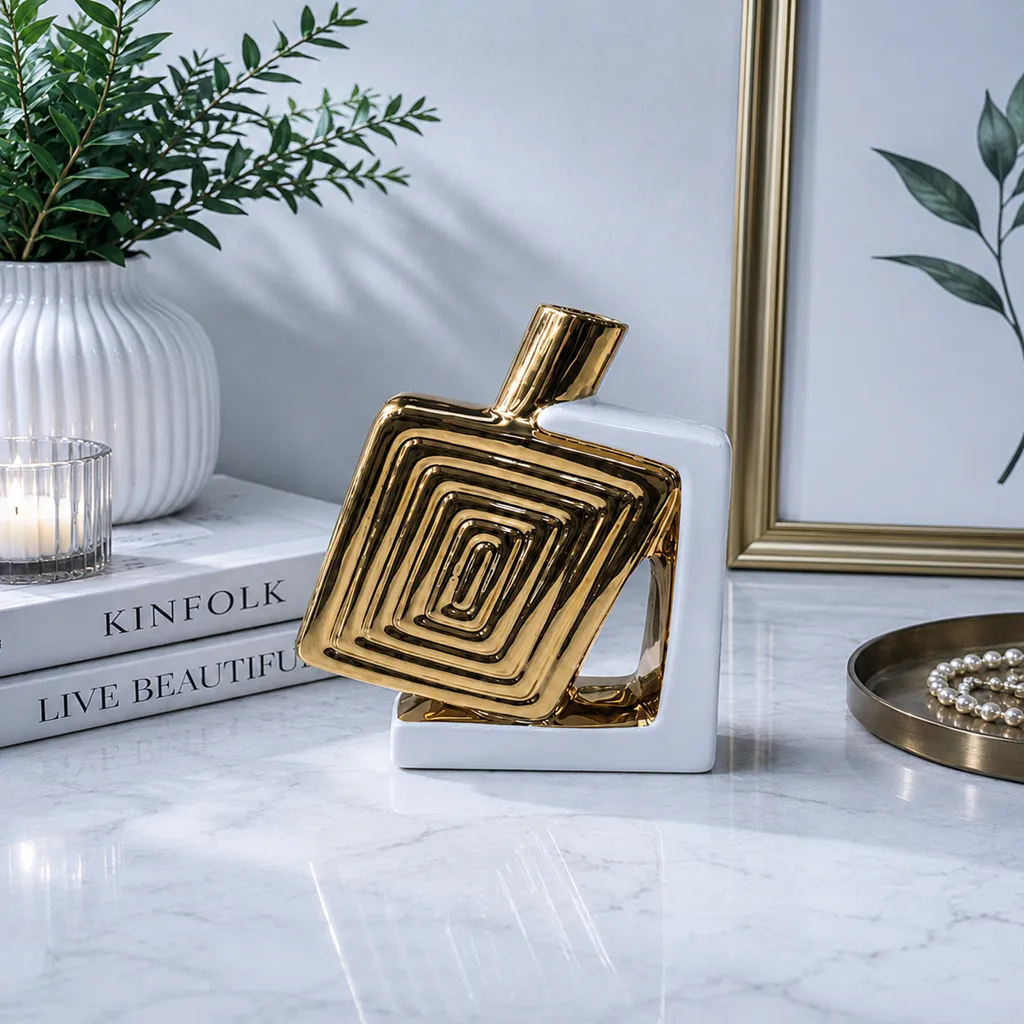 Luxury Gold And White Geometric Decorative Vase
