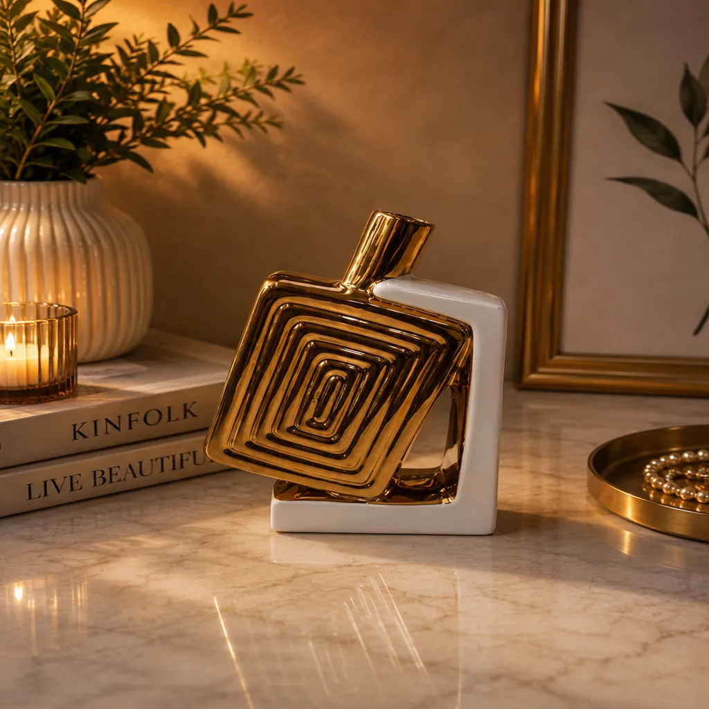 Luxury Gold And White Geometric Decorative Vase (image 2 of 2)
