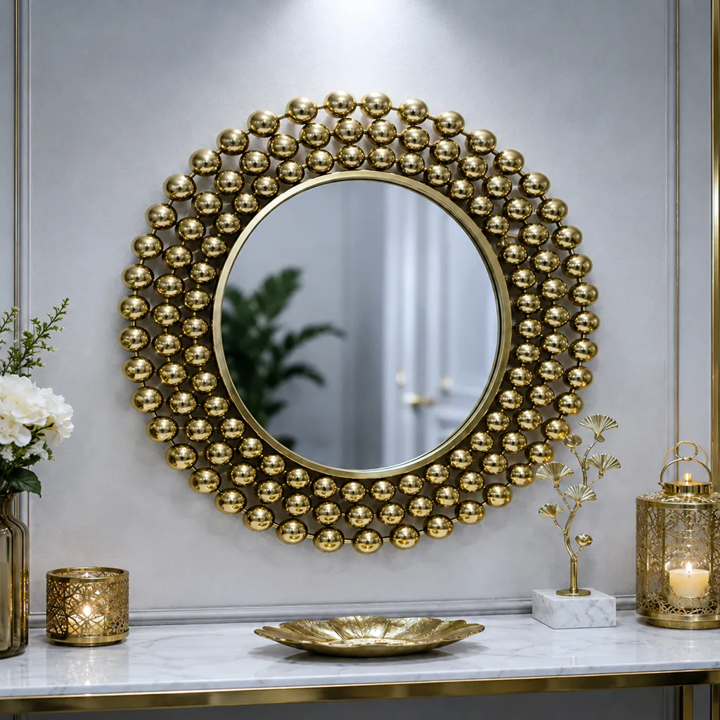Luxury Gold Beaded Round Wall Mirror