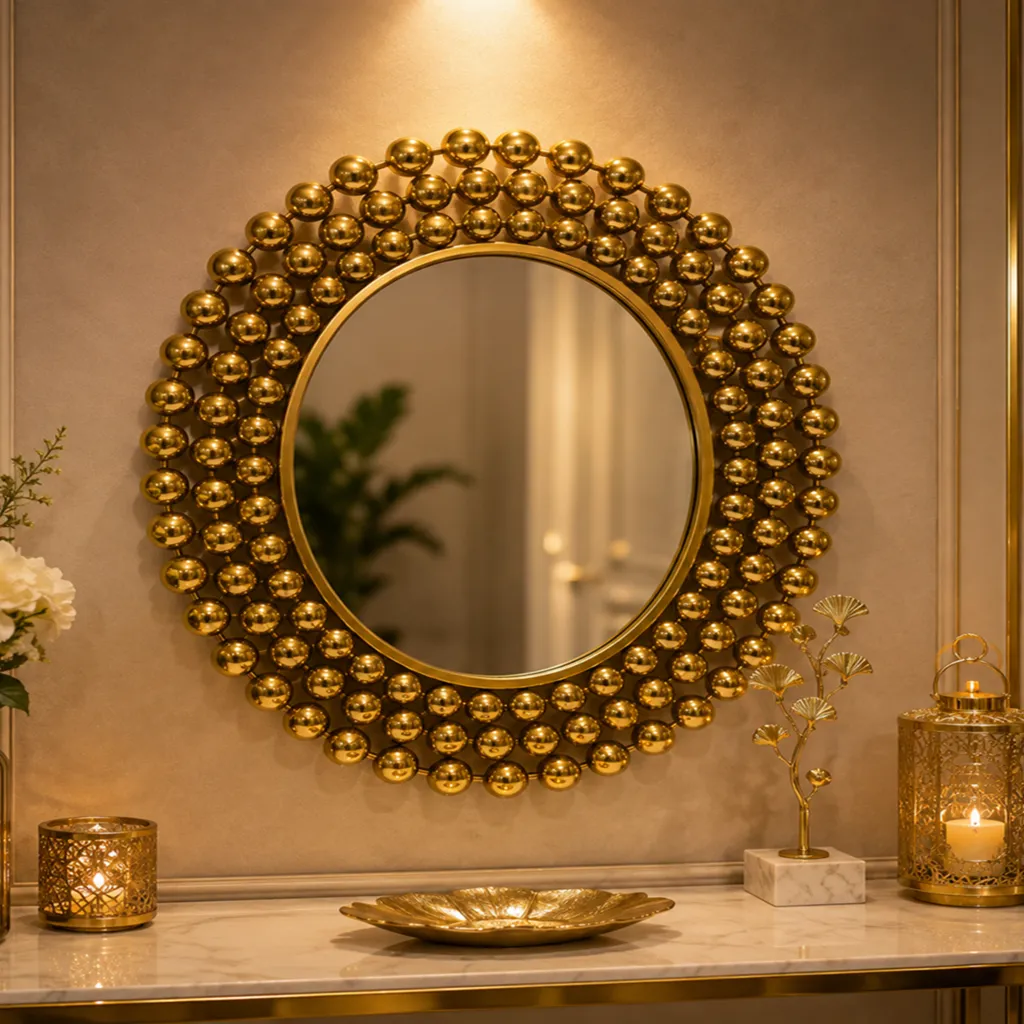 Luxury Gold Beaded Round Wall Mirror (image 2 of 2)