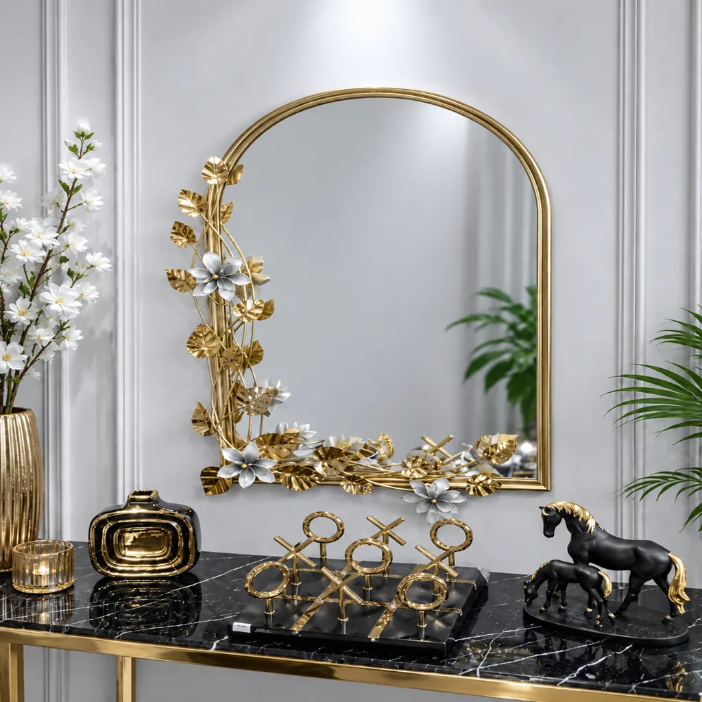 Luxury Gold Floral Arch Mirror – Elegant Decorative Wall Mirror
