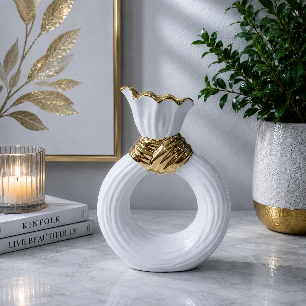 Luxury White And Gold Ring-Shaped Decorative Vase