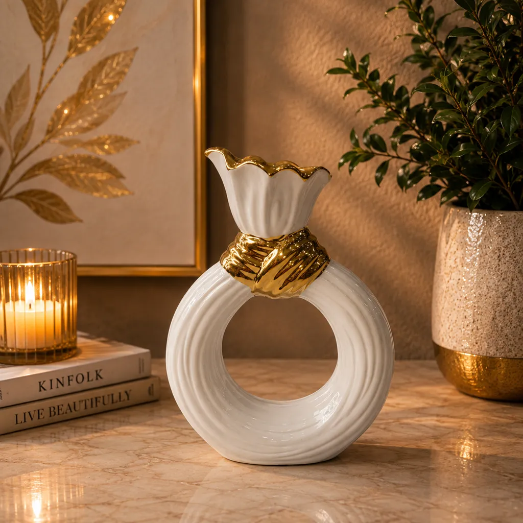 Luxury White And Gold Ring-Shaped Decorative Vase (image 2 of 2)