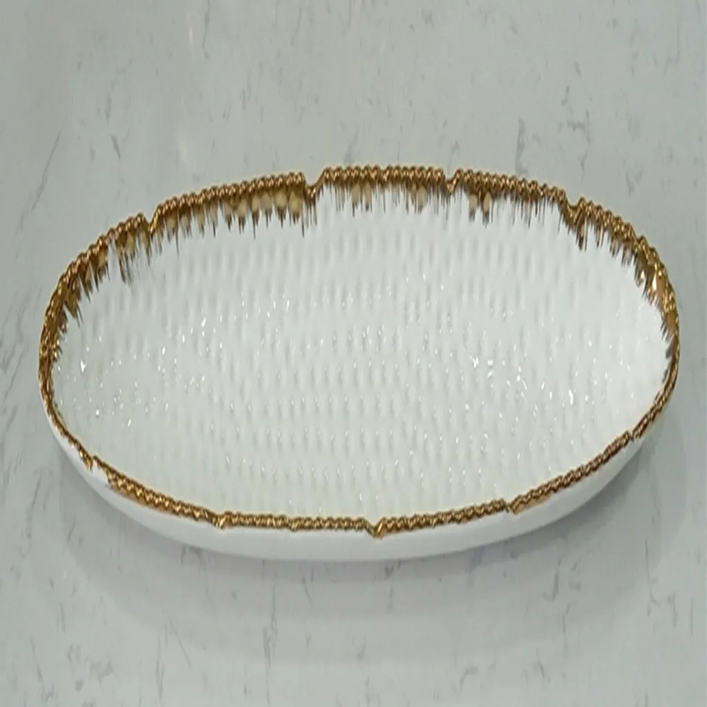 Luxury White And Gold Textured Oval Serving Dish
