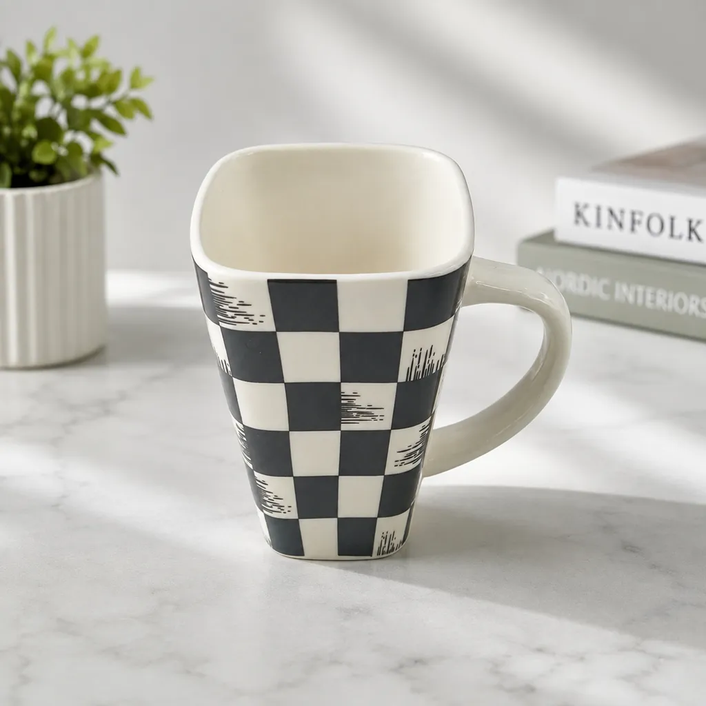 Modern Black And White Checkered Ceramic Mug (image 2 of 2)