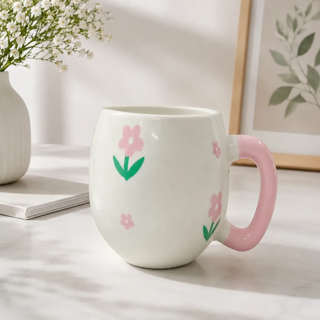 Pink Floral Ceramic Mug with Pastel Pink Handle