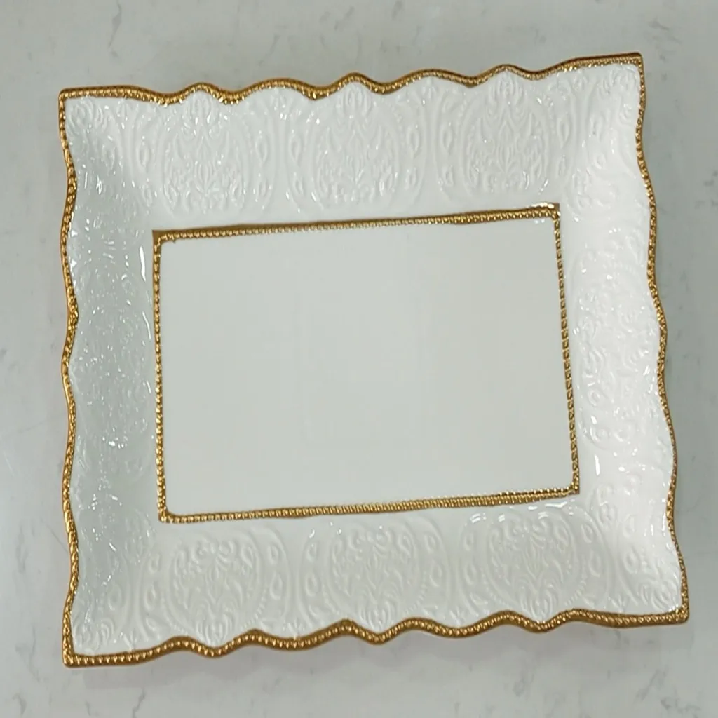 Rectangular Embossed Ceramic Serving Dish with Double Gold Trim