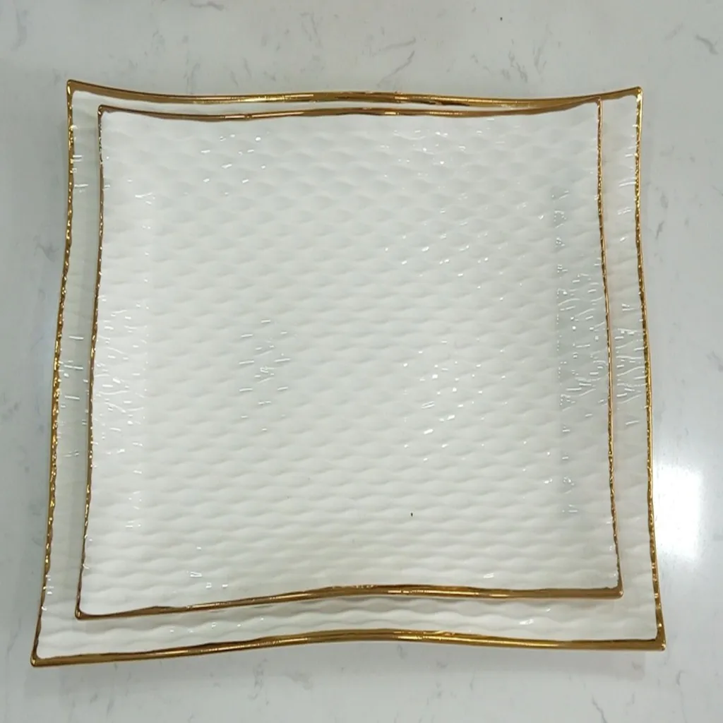 Textured Rectangular Ceramic Serving Dish with Gold Rim