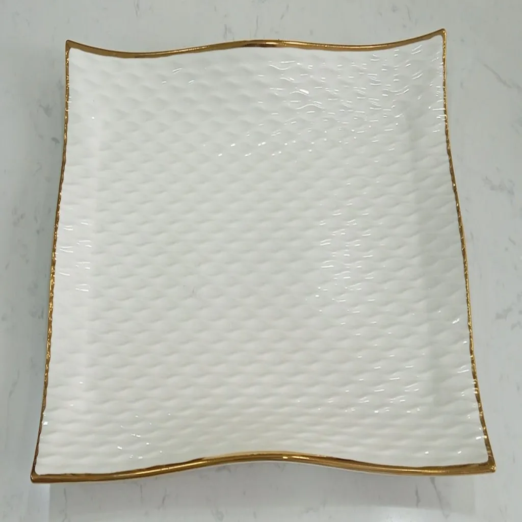 Textured Rectangular Ceramic Serving Dish with Gold Rim (image 2 of 3)
