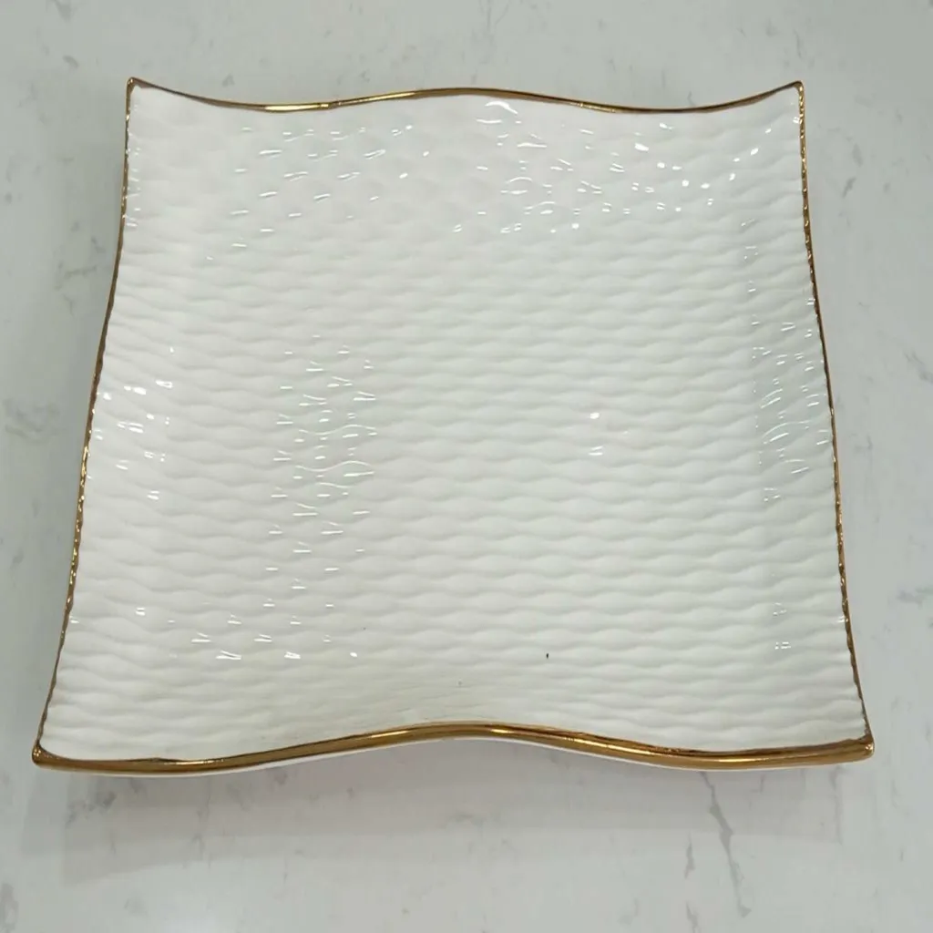 Textured Rectangular Ceramic Serving Dish with Gold Rim (image 3 of 3)