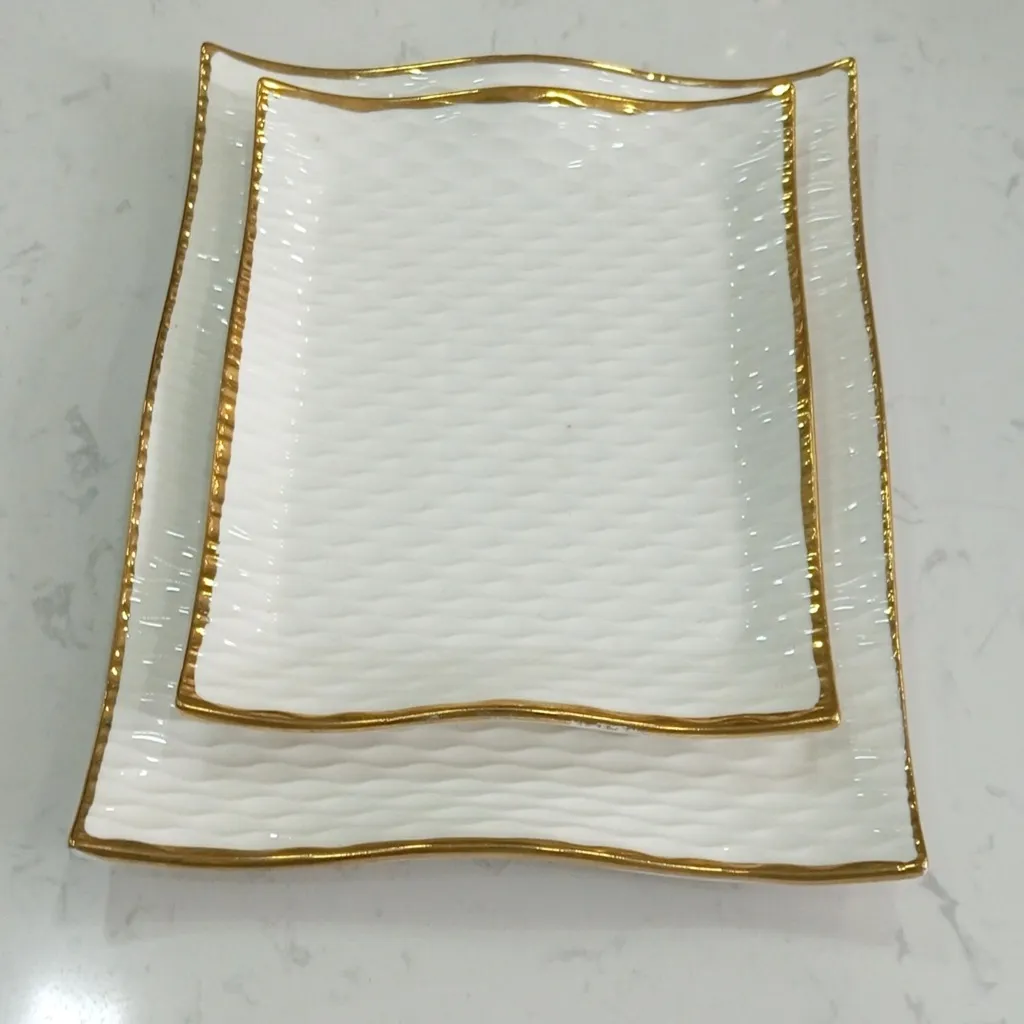 Textured Square Ceramic Serving Dish with Gold Rim