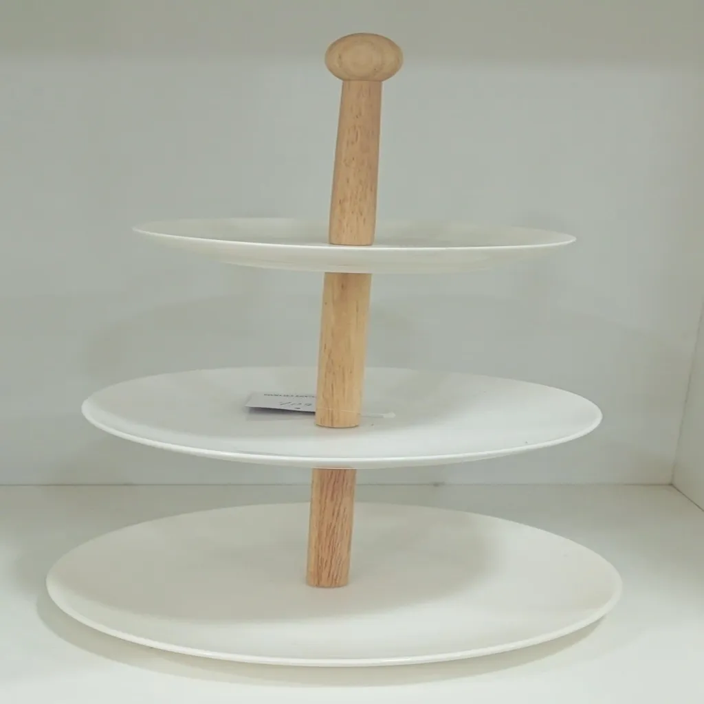 Three-Tier Ceramic Serving Stand with Wooden Handle