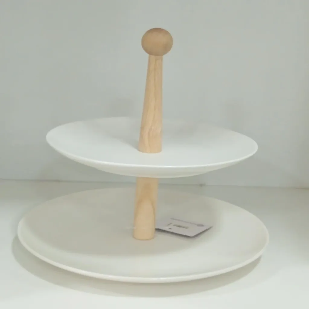 Two-Tier Ceramic Serving Stand with Wooden Handle