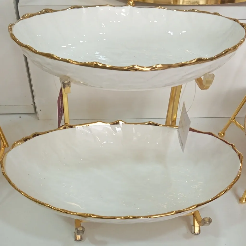 Two-Tier White Ceramic Oval Serving Bowls with Gold Stand
