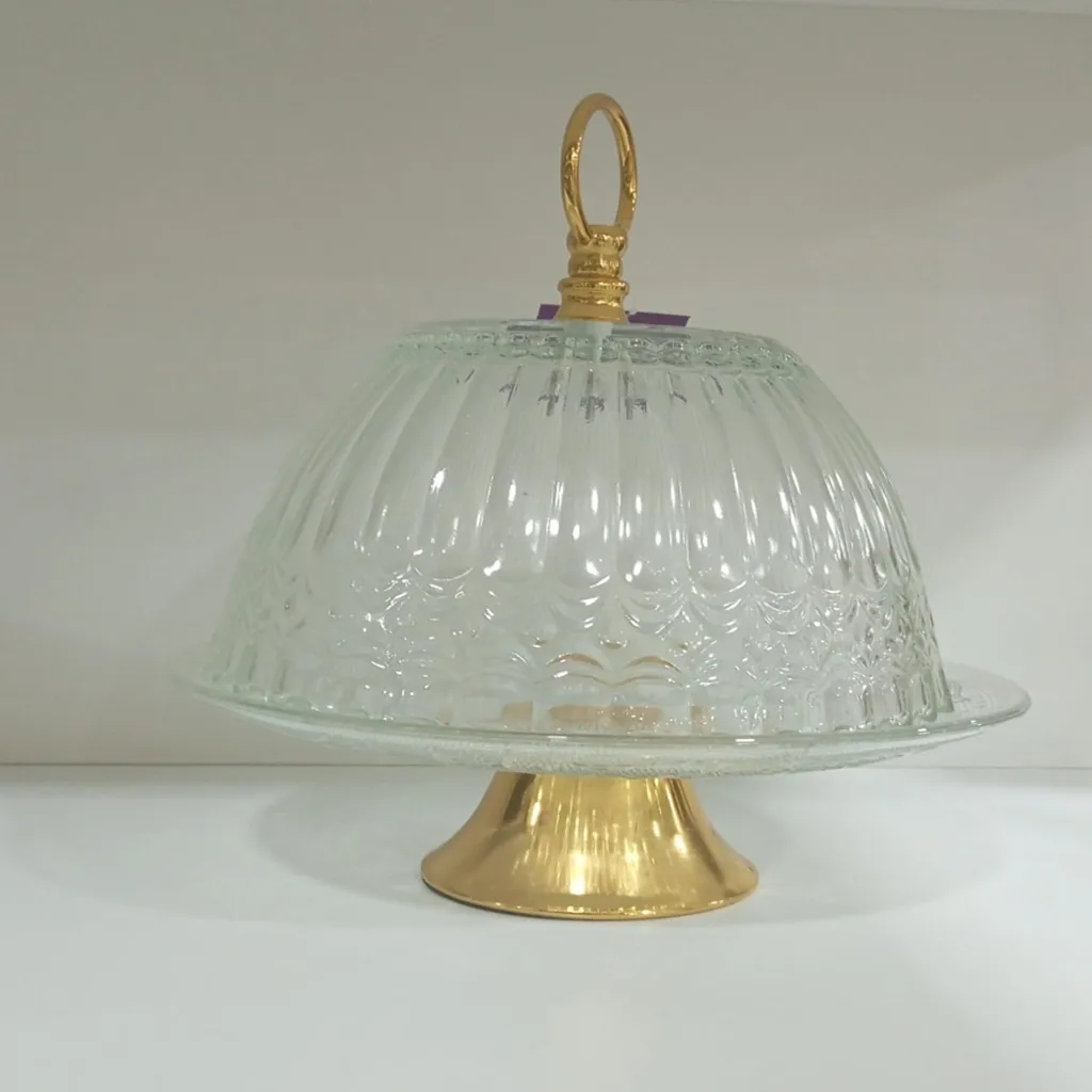 Vintage-Style Glass Cake Stand with Dome Cover and Gold Pedestal Base