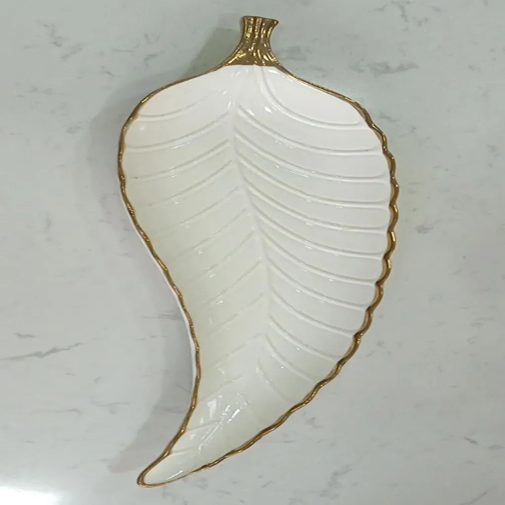 White Ceramic Leaf Serving Dish with Gold Rim